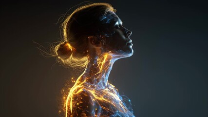 Female silhouette revealing luminous energy currents tracing glowing meridian networks with sparkling particles highlighting dynamic vitality against dark background - Powered by Adobe