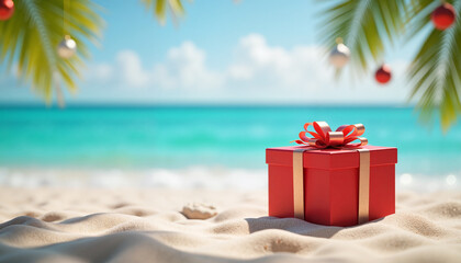 Cozy Christmas present on sandy beach with tropical backdrop, blending festive cheer with summer vibes.