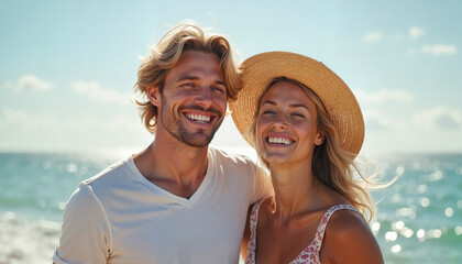 Joyful young couple smiling brightly on the beach with sparkling ocean background, celebration of love and happiness.