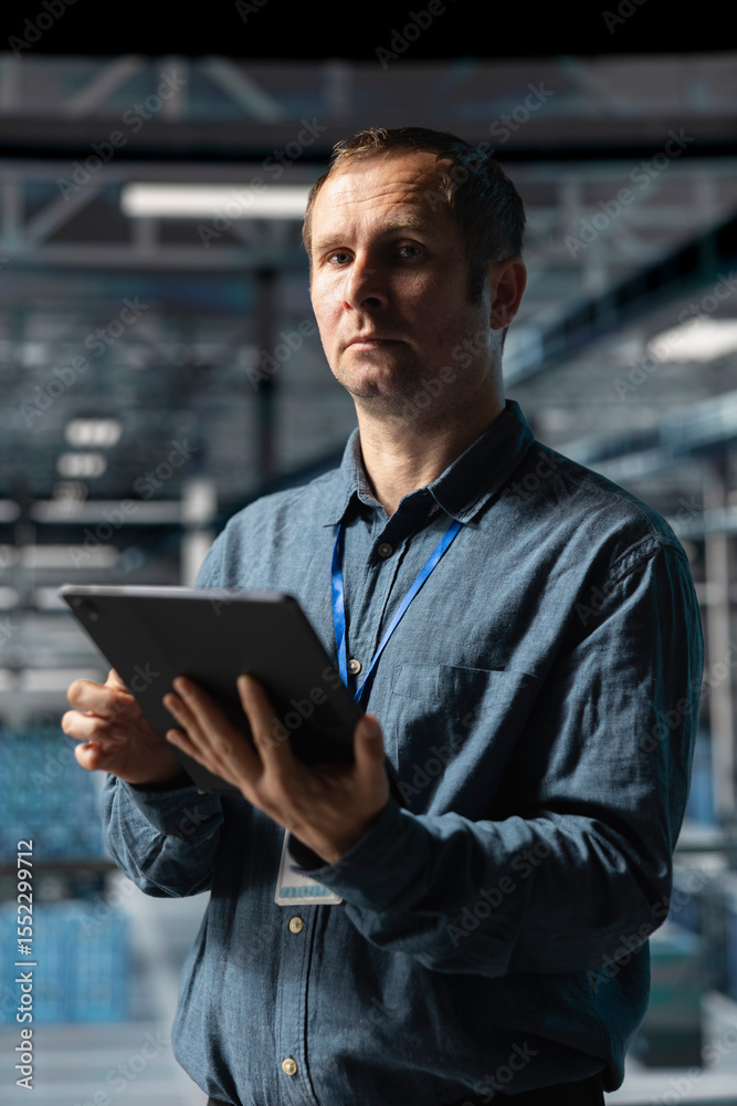 Poster admin on data center industrial platform analyzing infrastructure performance, minimizing downtime a