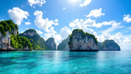 Sunny Day on Island Coastline with Blue Sea