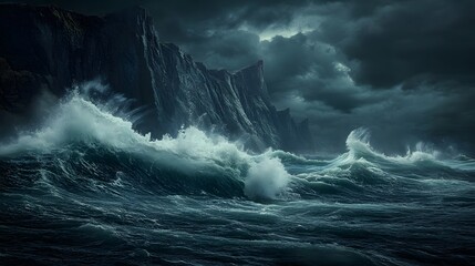 Raging Ocean Tempest: Witness the raw, untamed power of nature as a tempestuous ocean unleashes its fury, waves crashing against imposing cliffs under a dramatic, ominous sky.