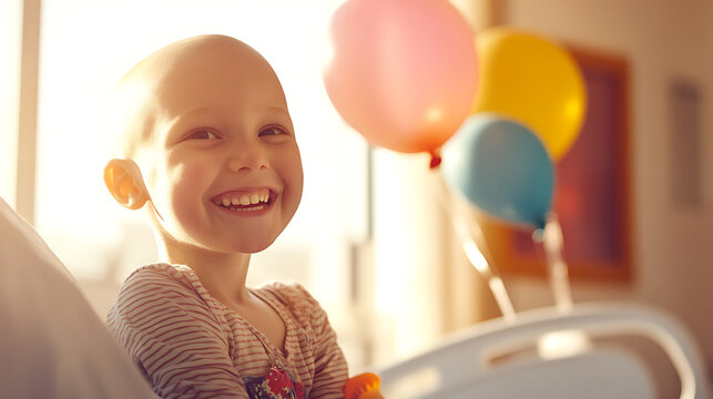A young child, without hair, smiles brightly in a hospital bed next to colorful balloons. The scene is bathed in natural light, emphasizing hope and joy. - Powered by Adobe