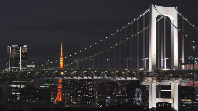 tokyo city cars driving on rainbow bridge at night,traffic on the highway with modern high buildings in the background 