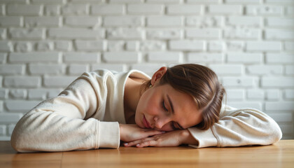 Exhausted young woman resting head on hands at table — concept of emotional burnout, chronic fatigue, depression, stress, and mental health struggles in everyday life and modern work culture