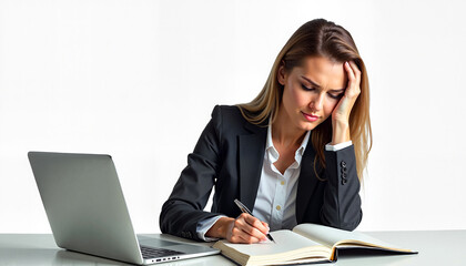 Tired businesswoman holding head while working at desk with laptop and notebook — concept of workplace stress, overwork, burnout, mental fatigue, and corporate pressure
