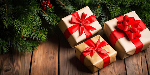 Festive Gift Boxes with Holiday Greenery on Wood

