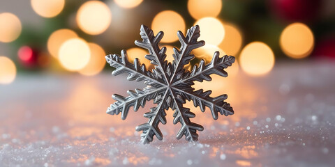 Snowy Surface with Shiny Snowflake and Colorful Lights

