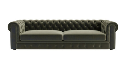 Classic dark green tufted sofa, isolated on transparent background