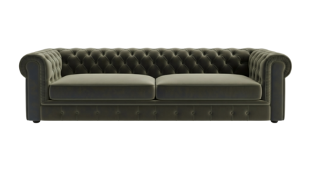 Classic dark green tufted sofa, isolated on transparent background