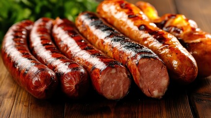 Succulent grilled sausages laid on a wooden surface, showcasing appetizing charred edges and juicy interiors, embodying the essence of outdoor cooking and culinary delight.