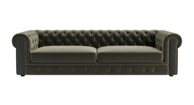 Classic dark green tufted sofa, isolated on transparent background