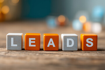 Leads word spelled on wooden blocks for business success