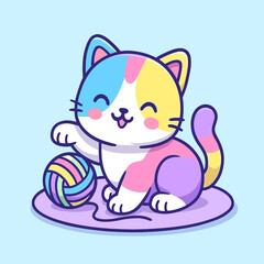Obraz premium Cute cat with yarn cartoon vector icon illustration animal toy icon isolated flat vector
