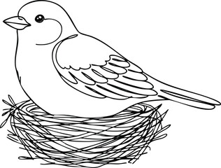 Obraz premium Small bird sitting on a nest line art vector illustration for nature and wildlife design projects 