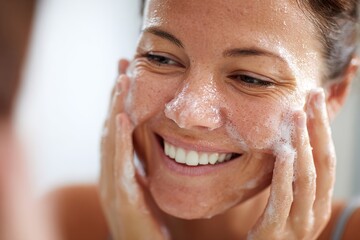 Woman enjoying a facial cleansing routine while smiling in a bright bathroom
