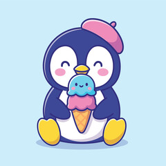 Cute penguin eating ice cream cartoon vector icon illustration animal food icon isolated flat vector