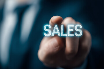 Sales target reached: businessman pointing at virtual sales display