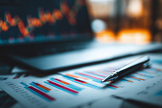 Business analysis with financial graphs and a laptop
