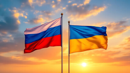 National Flags of Ukraine and Russia in Breeze