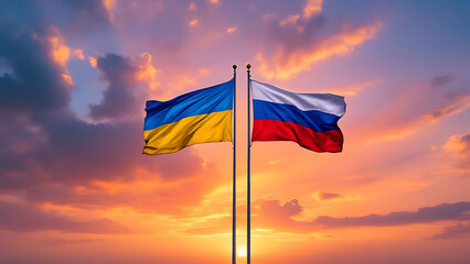Ukraine and Russia Flags on Pole Against Colorful Sky
