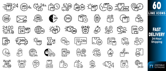 Collection of line icons features various symbols related to fast delivery and shipping services. Editable stroke. Vector illustration