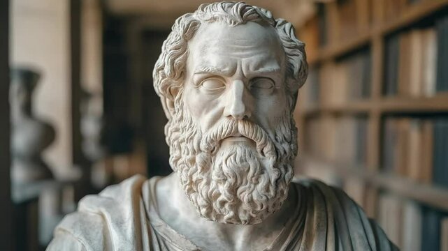 Marble bust of ancient philosopher with detailed beard and robe, classical sculpture style, placed in a blurred library background