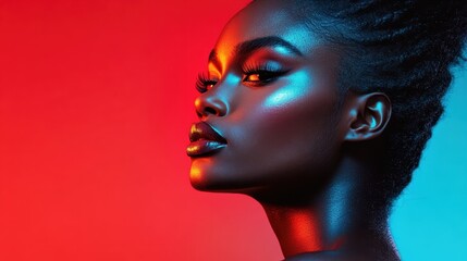 This image showcases a striking woman's portrait with artistic makeup and vibrant lighting, highlighting beauty, fashion, and the art of expression in a visually captivating manner.