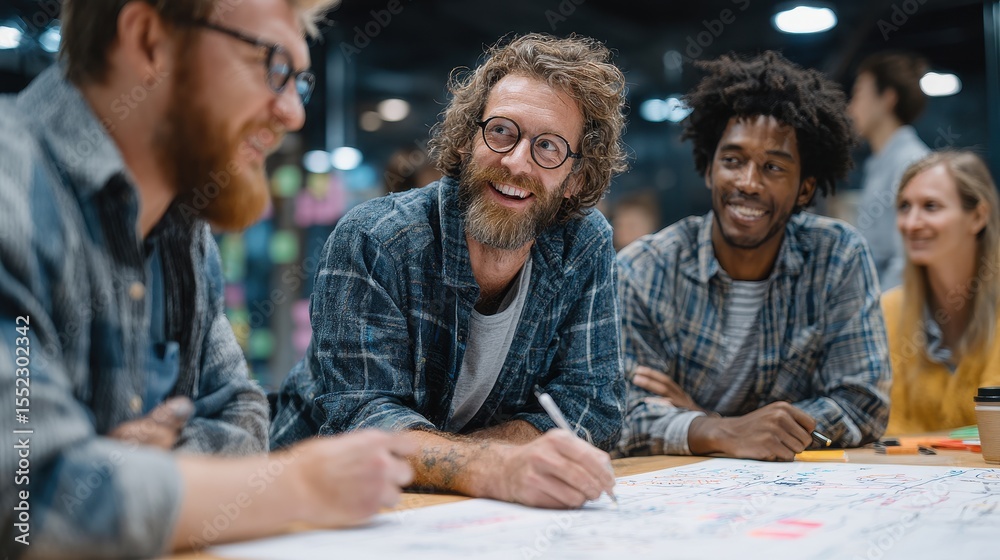 Poster Smiling man at collaborative meeting in an office environment with diverse coworkers around table, writing down notes in a modern space with sticky notes