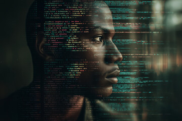 Data streams overlay on a focused human face processing data