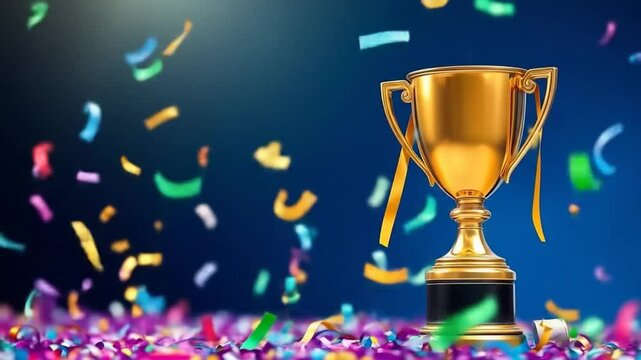 Gold winner trophy with falling confetti ribbons. First place trophy prize, champion award, best success achievement in sports competition. 4k video