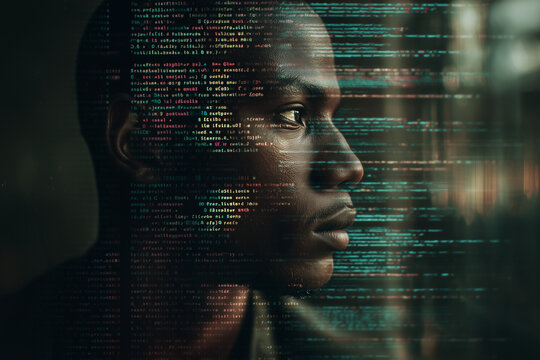 Data streams overlay on a focused human face processing data - Powered by Adobe