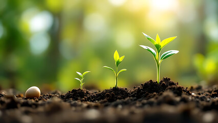 Plant Seedlings in Morning Sun on Soil Bed