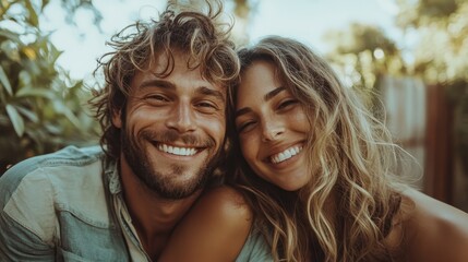 Fototapeta premium A joyful couple smiles radiantly together in a natural setting, showcasing their connection and happiness amidst greenery, representing love, companionship, and genuine emotions.