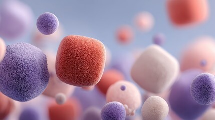 Spherical and cubical geometries float on cloud bed against light sky background creating dreamlike visuals