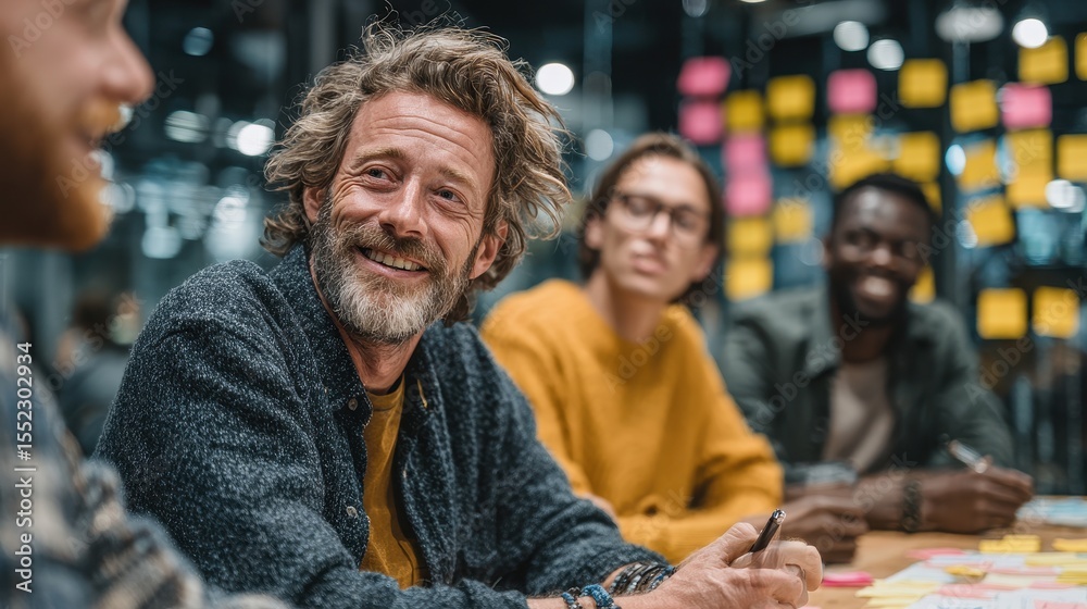 Poster Smiling man at collaborative meeting in an office environment with diverse coworkers around table, writing down notes in a modern space with sticky notes