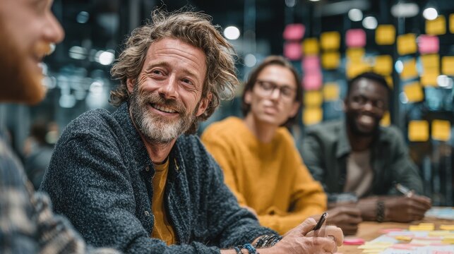 Smiling man at collaborative meeting in an office environment with diverse coworkers around table, writing down notes in a modern space with sticky notes