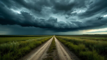 Road Leading to Horizon under Dark Stormy Sky