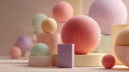 Spherical and cubical geometries float on cloud bed against light sky background creating dreamlike visuals