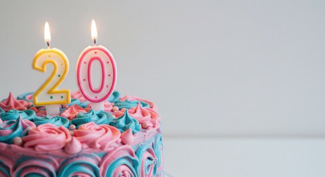 Colorful birthday cake with candles for 20th celebration