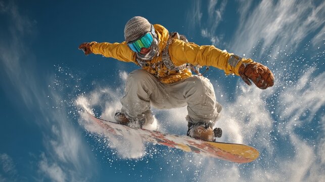 Extreme snowboarding adventure at Copper Mountain Colorado on a sunny day with a high-speed jump creating a spray of snow on mountain slope