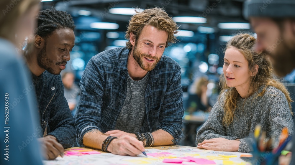 Poster diverse group of young professionals are collaborating in a modern office environment, smiling and w