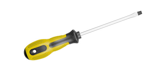 A flathead screwdriver with an ergonomic Yellow black handle suits various DIY projects. Its sturdy design ensures reliable performance on isolated white background close-up