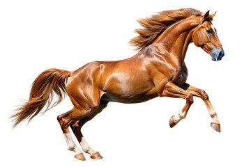 Obraz premium Chestnut horse with flowing mane and tail captured mid-leap against a black background isolated on a transparent background
