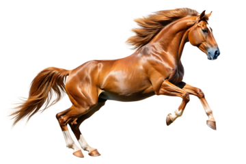 Chestnut horse with flowing mane and tail captured mid-leap against a black background isolated on a transparent background