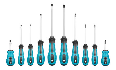 Set of Philips and flathead screwdrivers blue color on isolated white background close-up