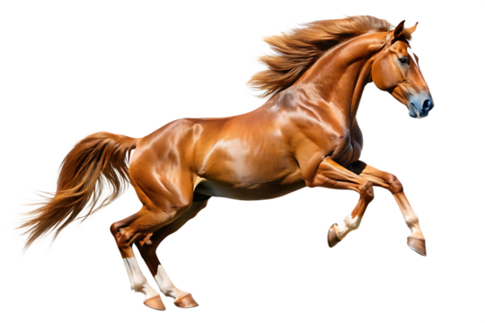 Chestnut horse with flowing mane and tail captured mid-leap against a black background isolated on a transparent background