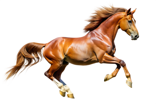 Chestnut horse with flowing mane and tail captured mid-leap with powerful muscles defined isolated on a transparent background
