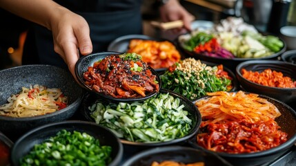 A vibrant array of various Asian dishes and vegetables laid out beautifully, showcasing the diversity of flavors and fresh ingredients in a culinary feast.