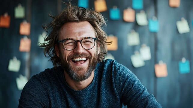 A charming man with tousled hair and glasses expresses genuine happiness, showcasing joy and approachability in a creative workspace adorned with colorful notes.